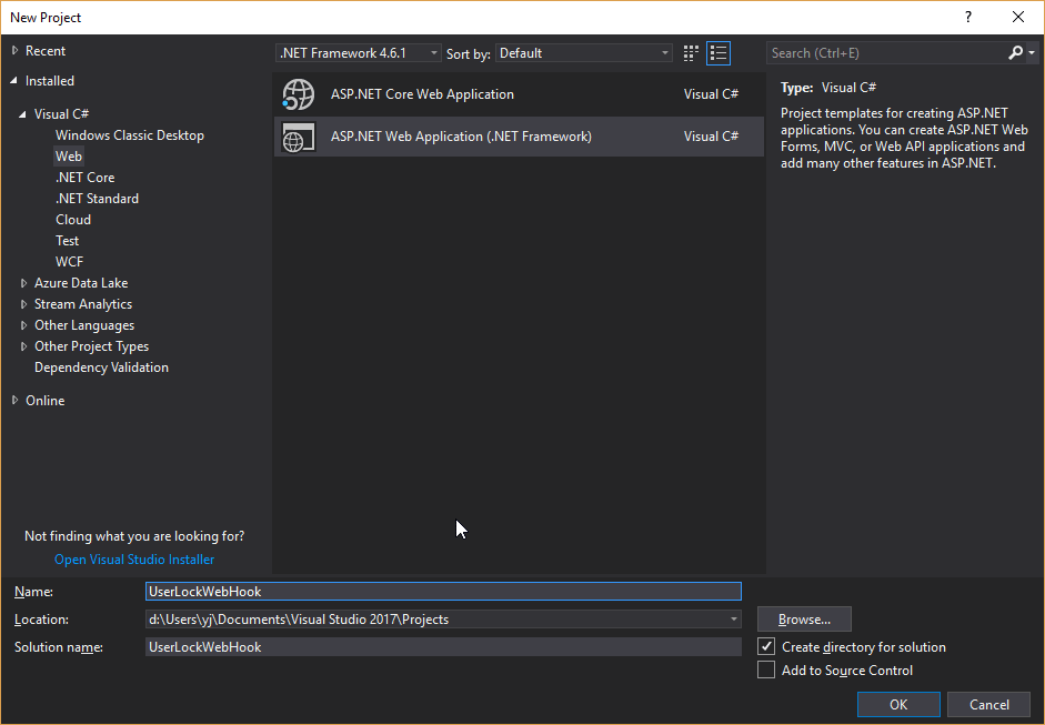 創(chuàng)建userlockwebhook mvc Web應(yīng)用程序